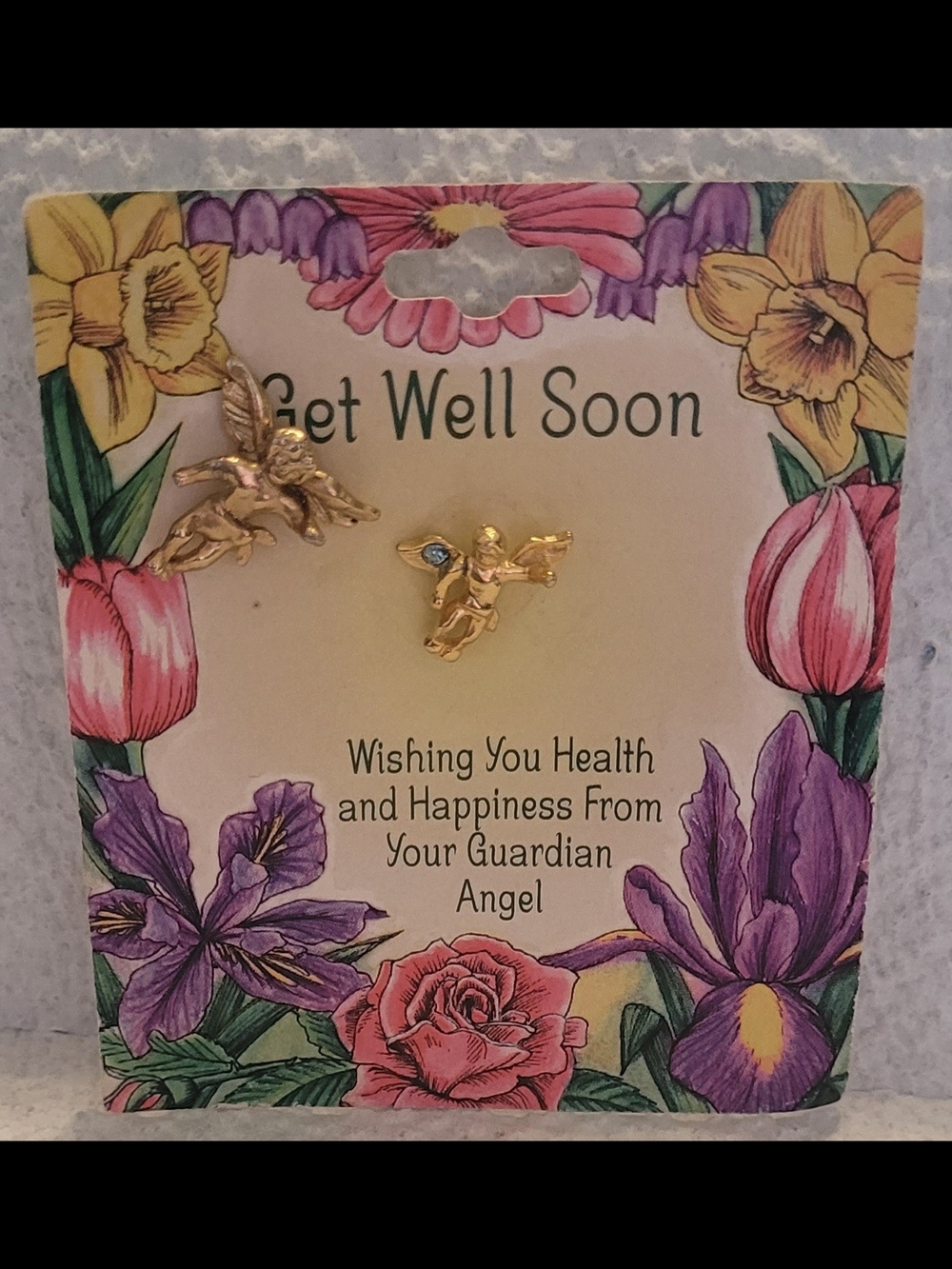 Well Soon Guardian Angel Pins Gold Tone Cherub Gemstone On Card Gift